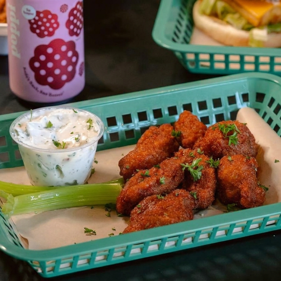 Basket of crispy fried chicken tenders garnished with herbs, served with celery sticks and creamy dipping sauce.