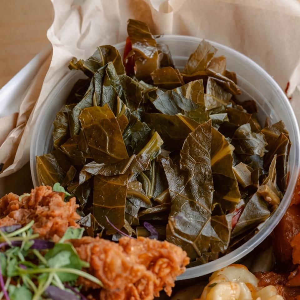 Southern-style meal with fried chicken, collard greens, and creamy macaroni and cheese in a paper-lined takeout tray.