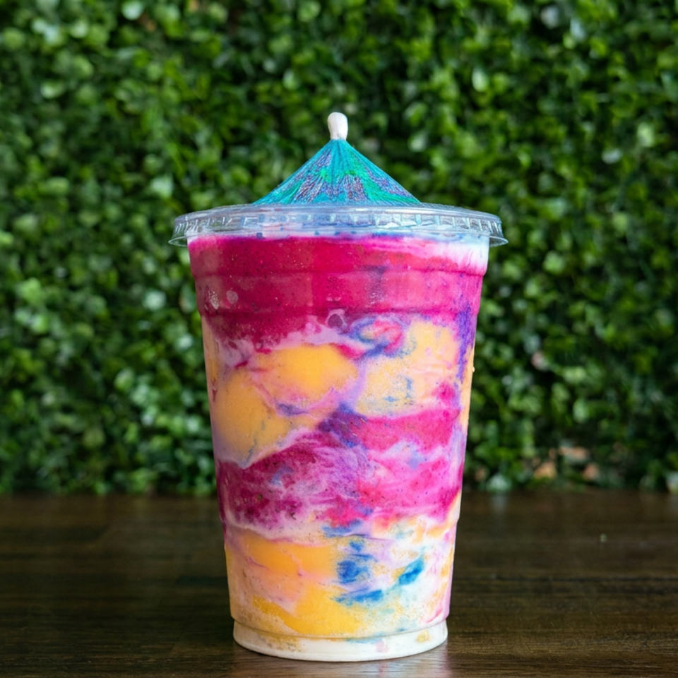 Colorful layered fruit smoothie in a clear cup with a decorative lid, displayed on a wooden table against green foliage.