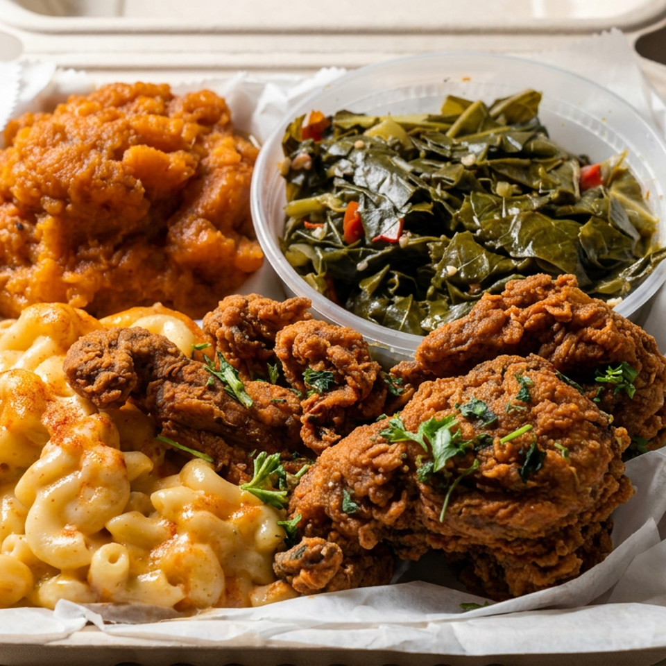 Open takeout container filled with fried chicken, macaroni and cheese, candied yams, and seasoned collard greens.