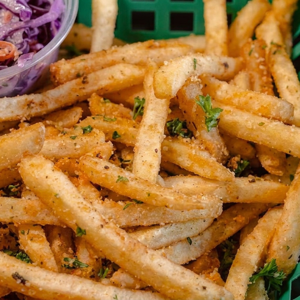 Seasoned golden fries garnished with parsley in a green basket, served with purple cabbage and carrot slaw.