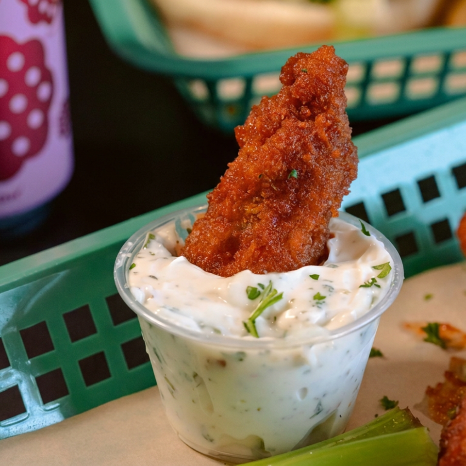 Crispy fried chicken tenders with ranch dipping sauce and celery sticks in a green basket.