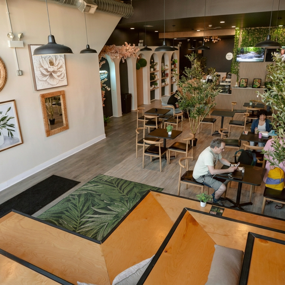 Bright botanical-themed café interior with leafy décor, floral artwork, pendant lights, communal seating, and several patrons.