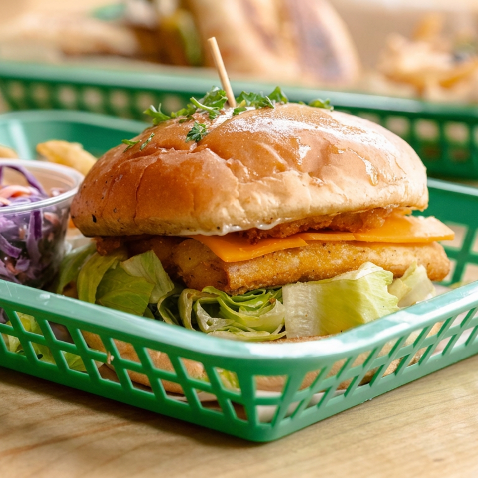 Crispy chicken sandwich with lettuce and melted cheese in a green basket, served with fries and purple cabbage slaw.
